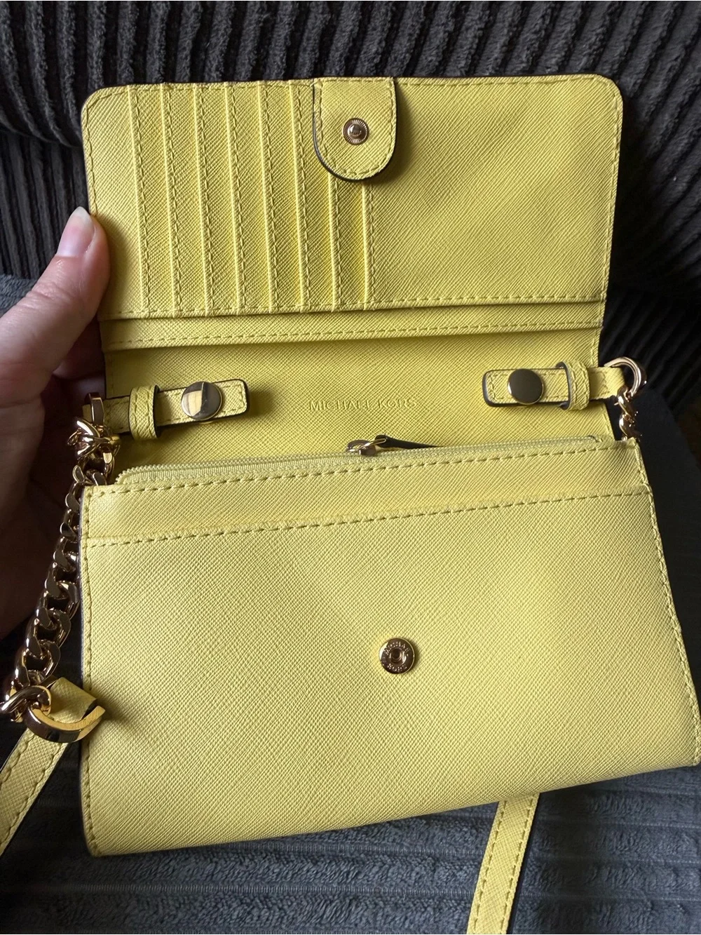 MICHAEL KORS Yellow Saffiano Leather Crossbody Small Bag Wallet with Gold Chain
